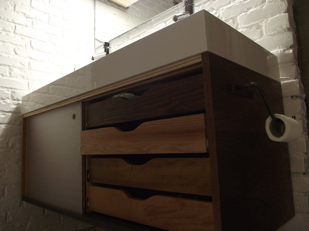 Bathroom scrapwood cabinets.