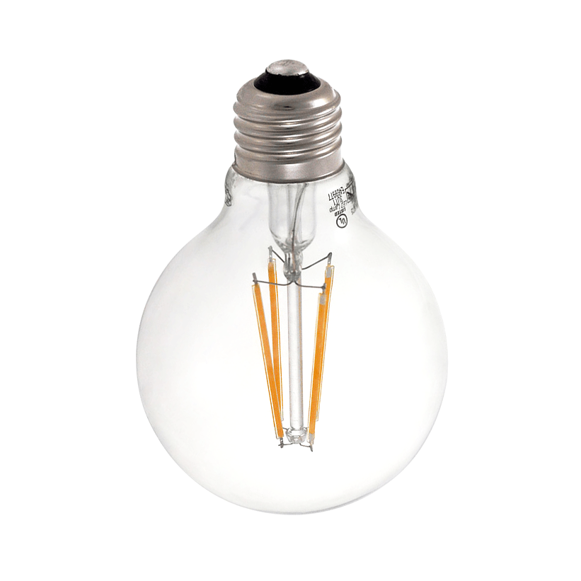 Close up of a light bulb with a large filament in the center