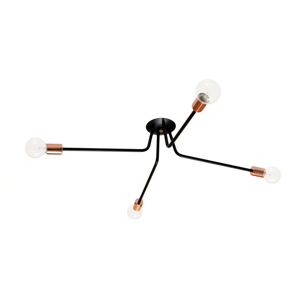 A modern chandelier with a black spherical center and four straight arms extending outward in a cross pattern, each ending with a brass-finished socket and a round white light bulb.