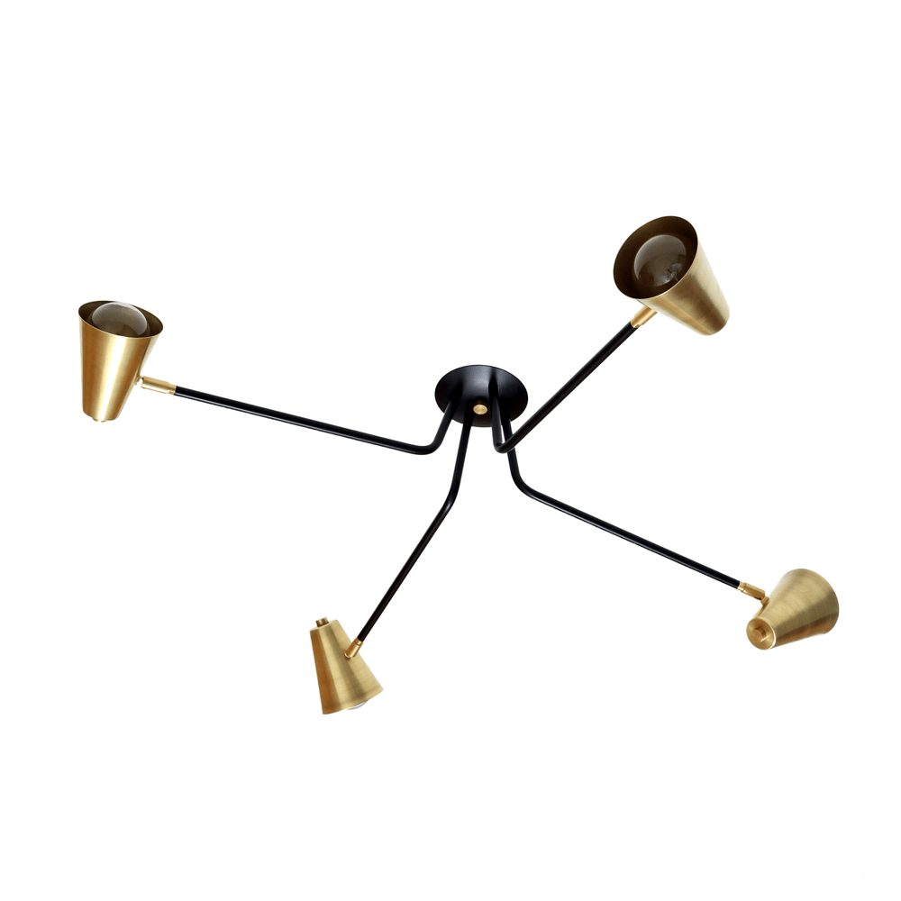 Shaded ceiling light: 4-arm Black / Brass shades / Brass hardware onefortythree